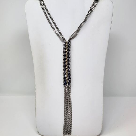 Stella and Dot Tessa Fringe Long Necklace Silver Tone Adjustable Statement Chain - Picture 1 of 6